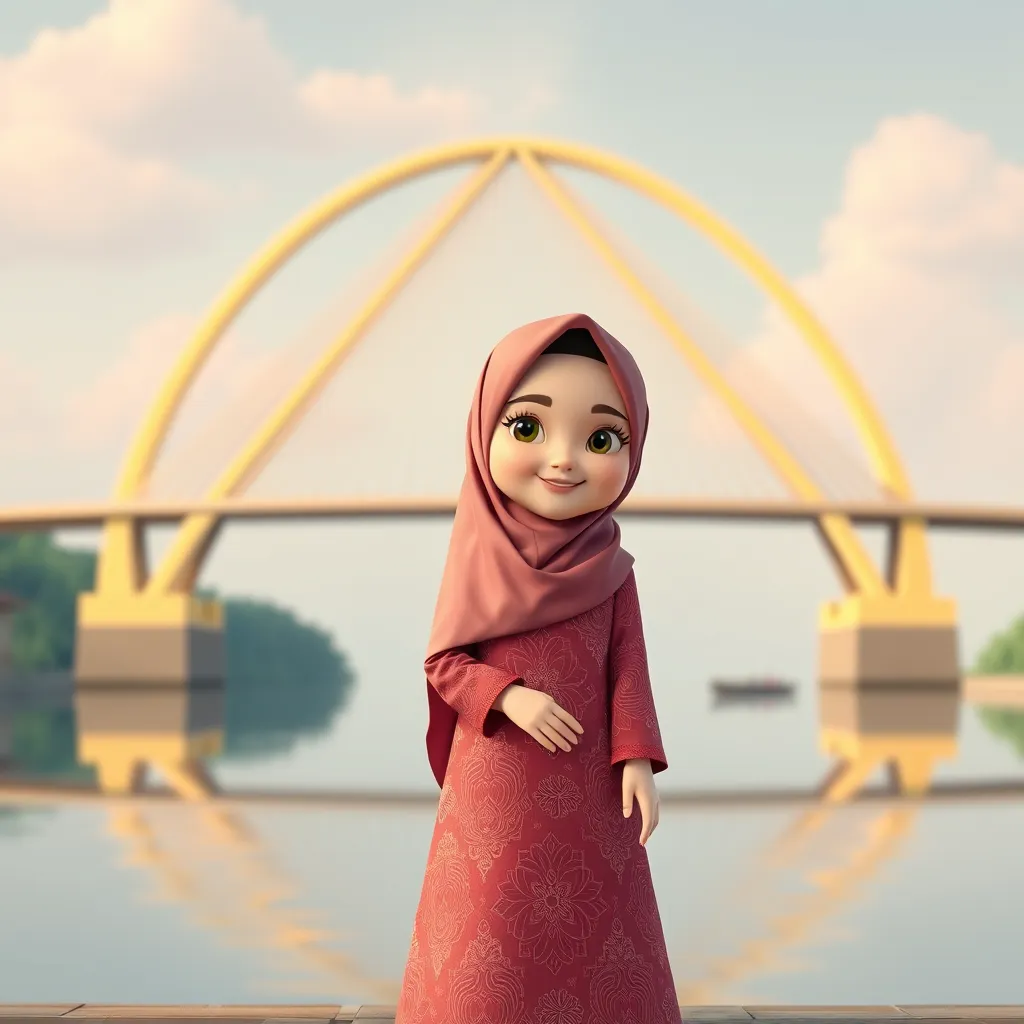 A 3D cartoon animation of a Muslim woman from Palembang, Indonesia, wearing a traditional long songket dress. She stands gracefully in front of the iconic Ampera Bridge, which arches beautifully in the background. The scene is rendered in stunning 8k resolution, capturing the vibrant colors and intricate details of the songket fabric. The woman's expression is serene and peaceful, with a gentle smile. The overall atmosphere is warm and welcoming, showcasing the cultural beauty and elegance of Palembang. - Image