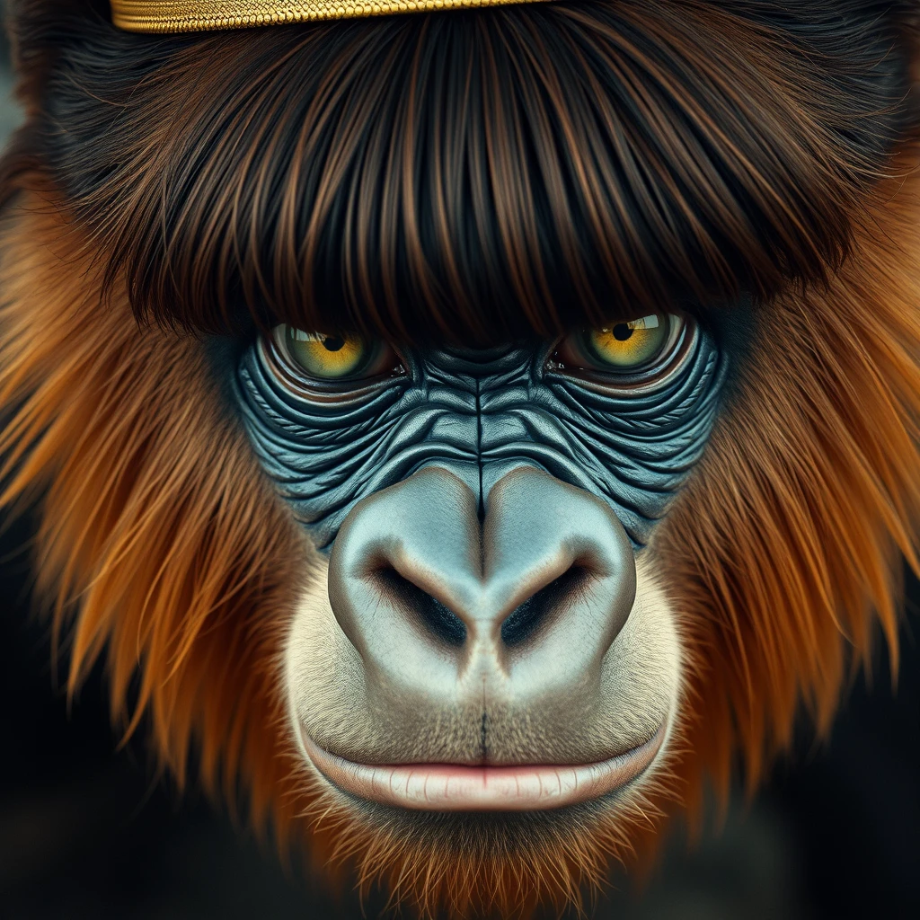 king fierce gorilla next to a cute ginger russian green eyed bangs hair teenage queen round face small nose vintage style - Image