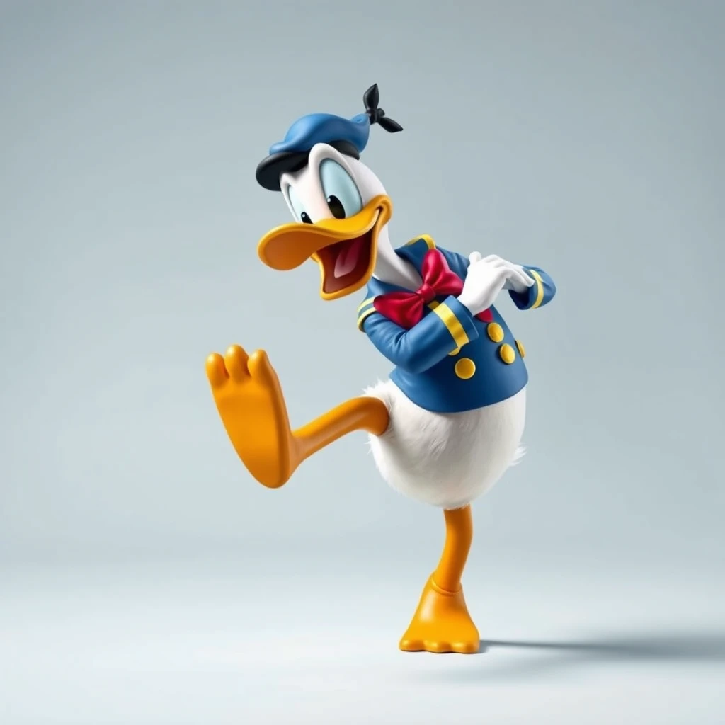 "Photo realistic: Donald Duck practices Break Dance."