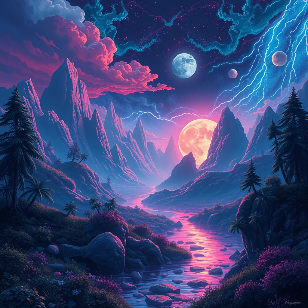 Fantasy landscape art neon