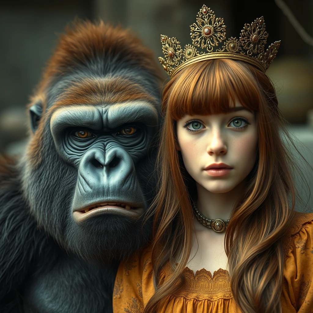 King Fierce Gorilla next to a cute ginger Russian green-eyed teenage princess with bangs, vintage style. - Image