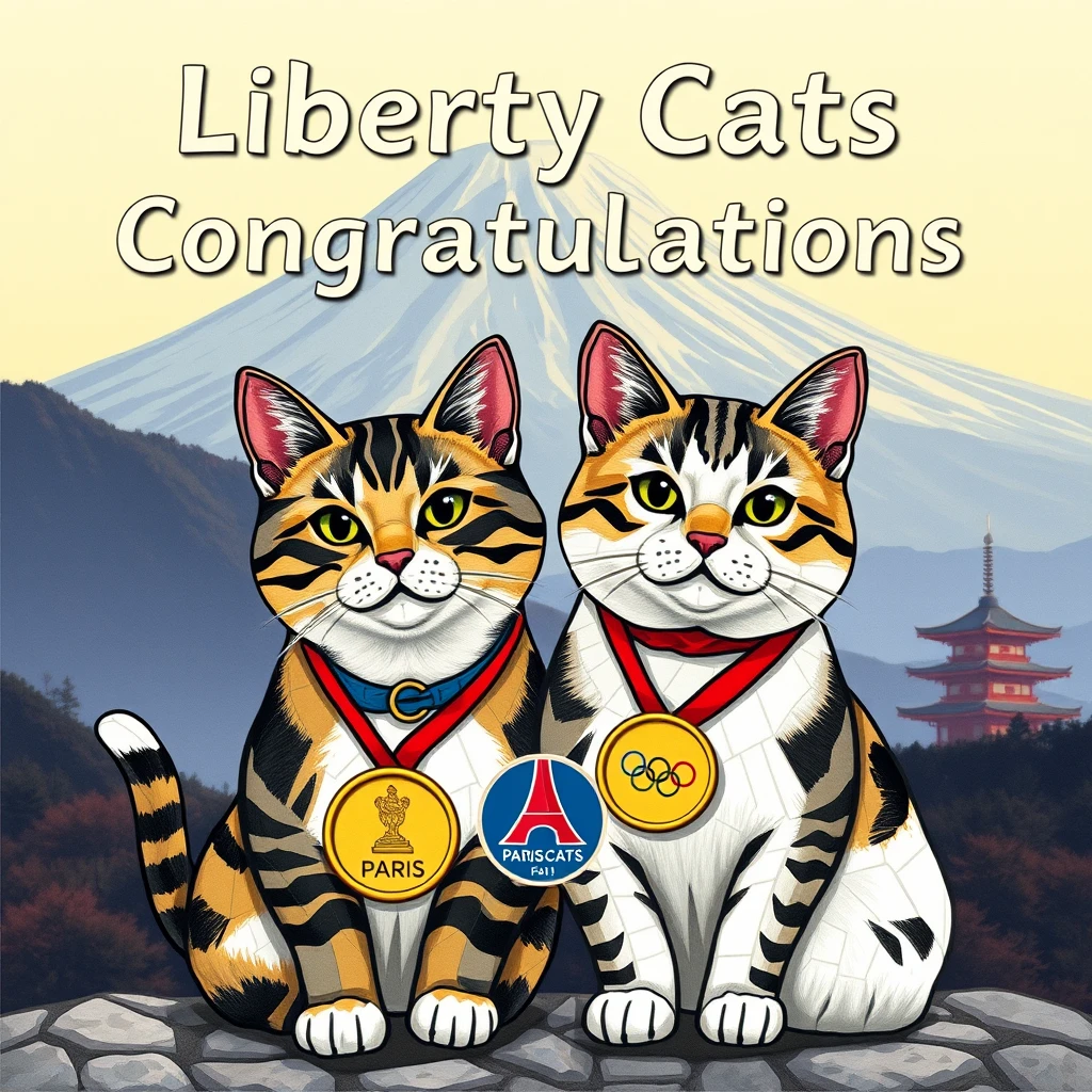 draw a pic with "Liberty Cats Congratulations chinese athletes " big text on the Mount Fuji backgroud,AND tow mosaic style cats  in front it together , carring a Paris Olympic gold medal  logo with text "Liberty Cats"
 - Image