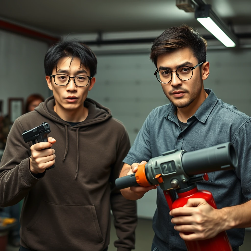 21-year-old thin white man with a long face from Northern China, square chin, wearing square glasses, holding a pistol, "neck-length hair"; 21-year-old white Italian man wearing round glasses and short hair, holding a very large fire extinguisher flamethrower; garage setting; both angry. - Image