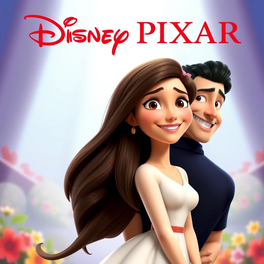 A Disney Pixar poster of a couple, the woman with long brown hair wearing a white dress, smiling at the camera, and the man behind her smiling, with black hair combed back, in the style of a Disney Pixar 3D animated movie. - Image