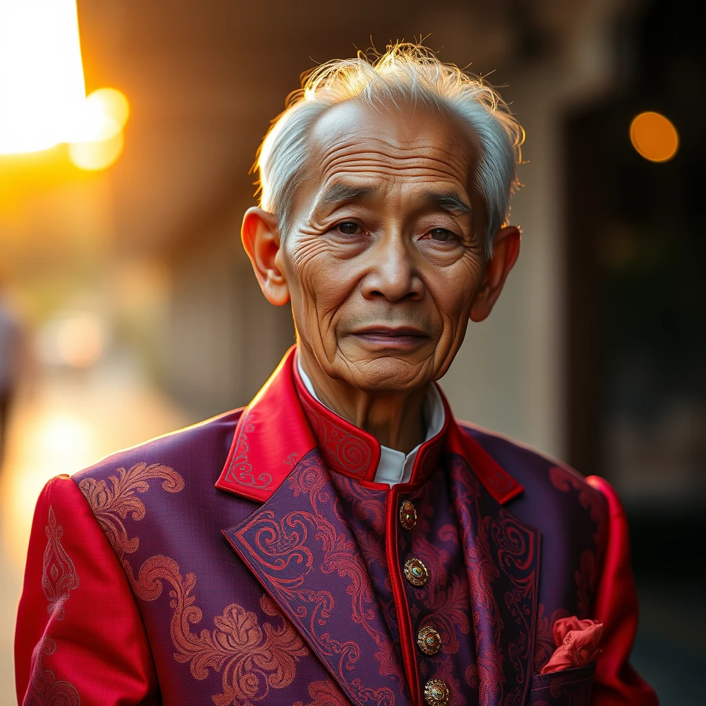 An old Malay man wearing a red-blue suit with intricate details, bokeh effect, during the golden hour. - Image