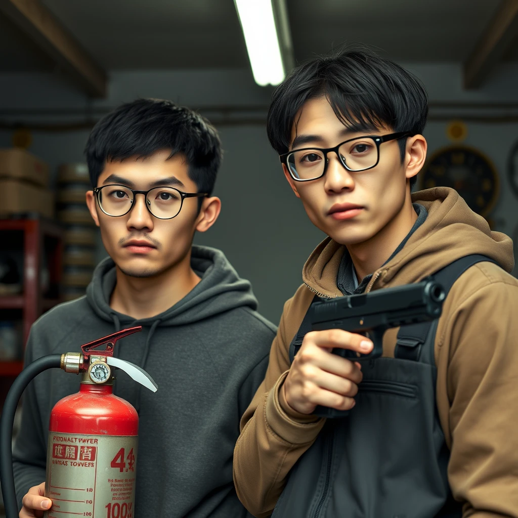 A two-person set featuring two men, both 21 years old: one Caucasian man and one northern Chinese man. They are together in a garage setting. Here are the details, and I want every detail with accuracy. 

The first one (the Italian white man) has these features: he's rather thin and wears round prescription glasses. He also has short black hair and is holding a very large fire extinguisher flamethrower. 

The second one (the northern Chinese man) has these features: a thin, long face, wears square prescription glasses, has mid to long black hair with a fringe, and is holding a pistol.