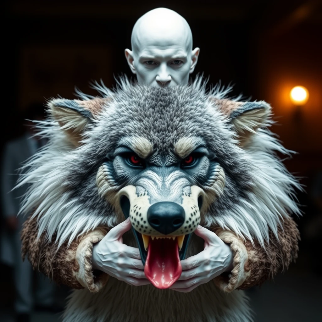 White skinhead man holding wolf fursuit head. - Image