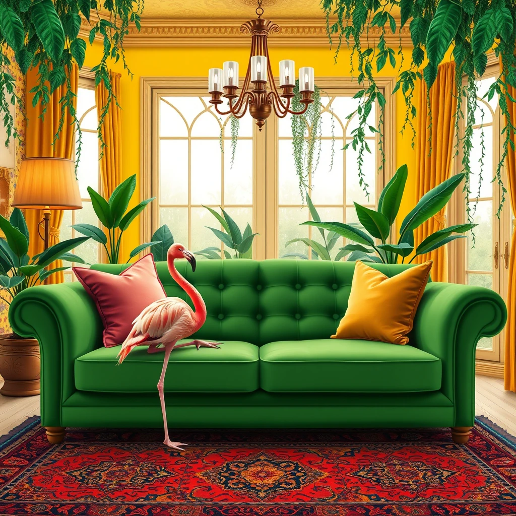 A maximalist illustration from a frontal view with the green couch slightly angled, showing a flamingo sitting comfortably in a yellow living room. The couch’s position offers a partial side view, revealing the room’s decorative wallpaper, unique lighting elements, and colorful Persian rug. The large windows with velvet curtains, along with tropical plants and hanging vines, fill the background with detail and depth.