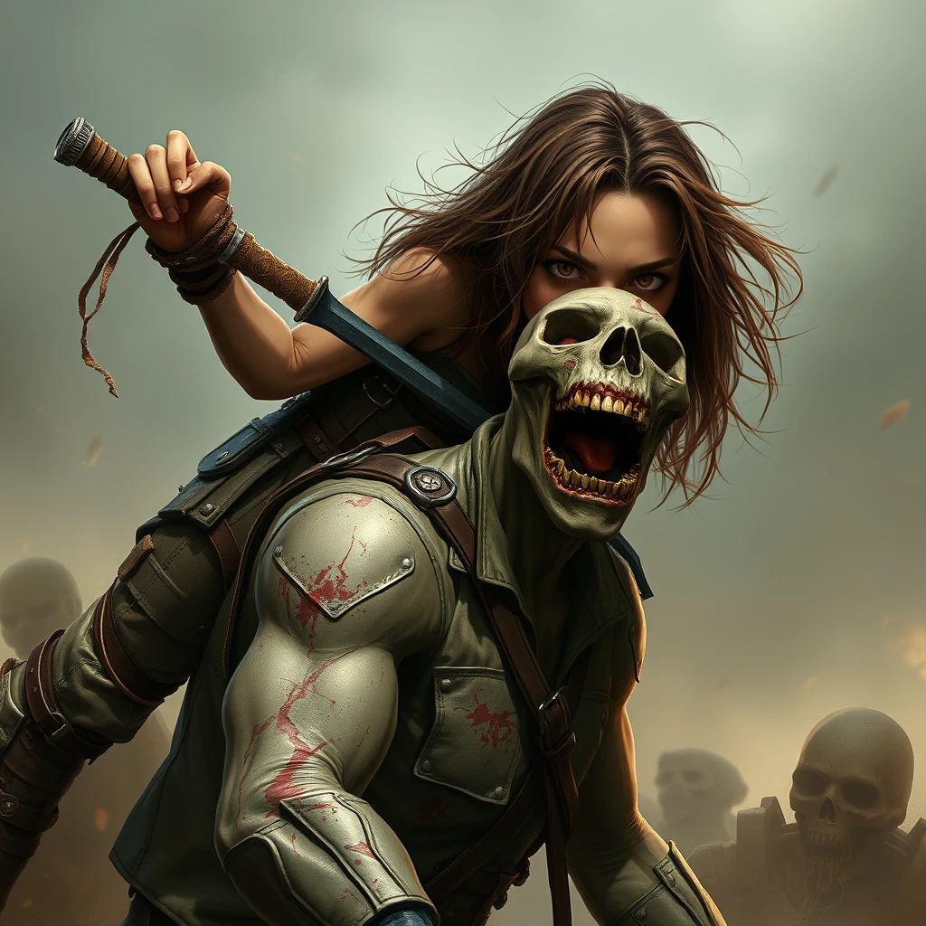 A girl in sexy battle leather rides on a zombie's shoulder and is ready to use a stab to kill him, front view. - Image