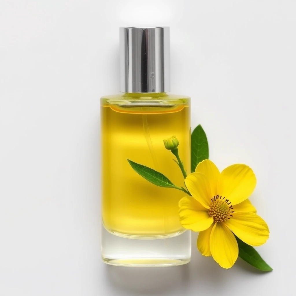 "Transparent cosmetics, silver metallic cap, the bottle contains yellow liquid, with simple monochromatic yellow flowers and green leaves accentuating the bottle, minimalist style." - Image