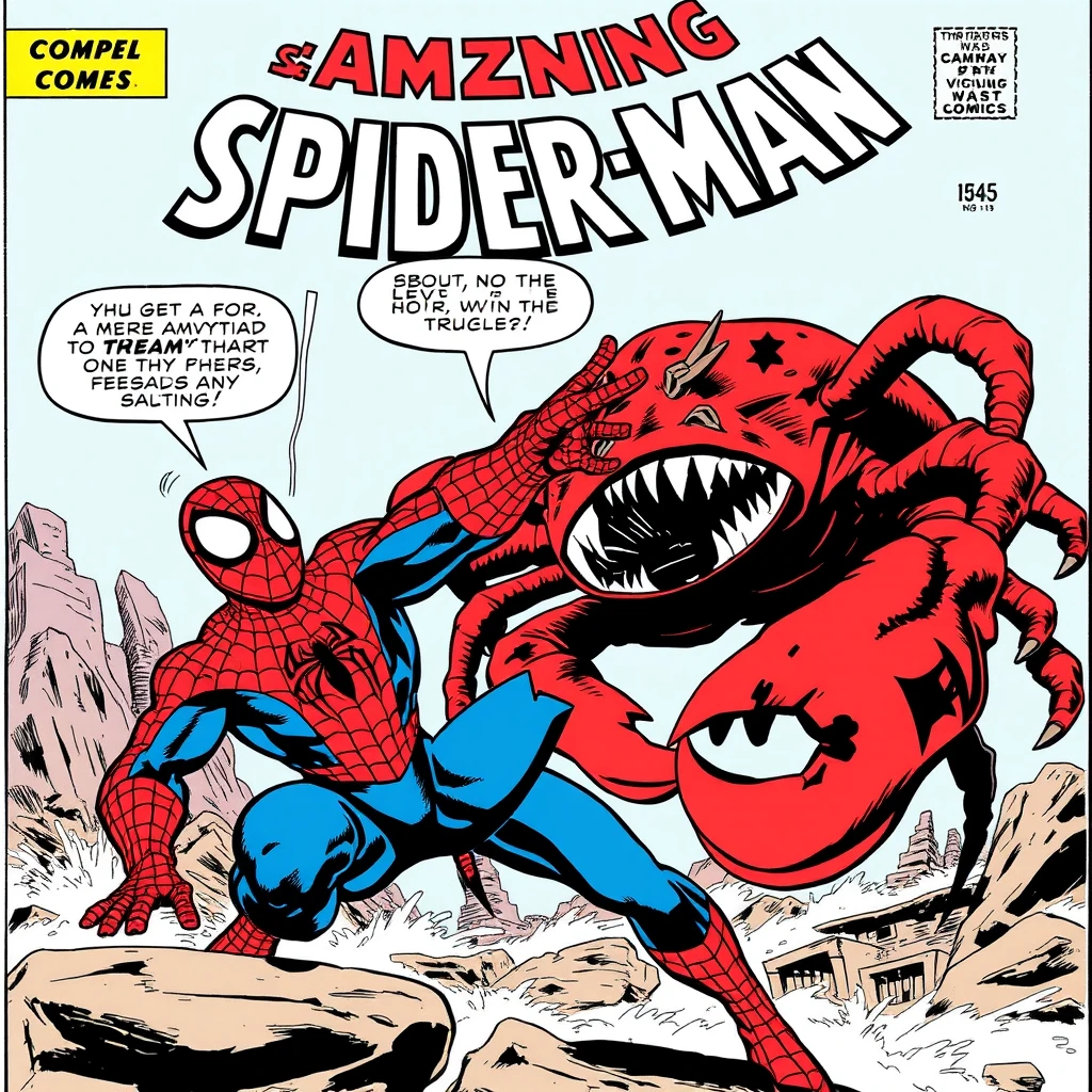 Front of a Spider-Man comic from 1965 vs the crab monster - Image