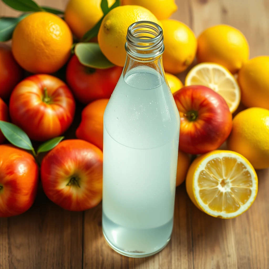 Create a realistic picture featuring a variety of fruits and a bottle of coconut water. In the image, include fresh oranges, red apples, and bright yellow lemons, all arranged naturally on a wooden table. The fruits should look juicy and ripe, with some of them sliced to show their interiors. Place a clear bottle of coconut water to the side, with visible condensation to emphasize its refreshing quality. Ensure the lighting is natural, highlighting the vibrant colors and textures of the fruits and the bottle.