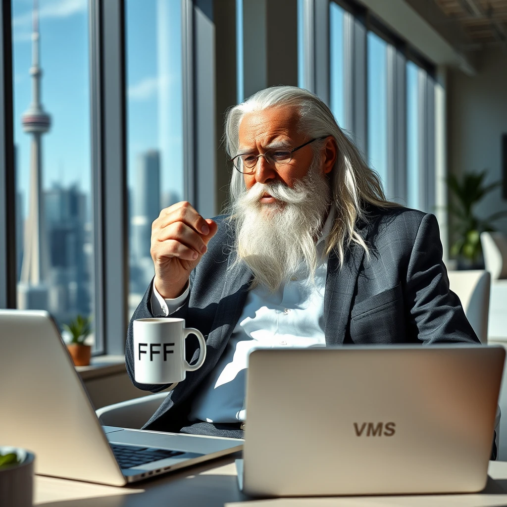 “A photorealistic image captured with a Nikon D850 camera, equipped with an AF-S NIKKOR 24-70mm f/2.8E ED VR lens. The image depicts an elderly man with long, wizard-like white hair and a neatly trimmed beard, dressed in a business suit and a white dress shirt embroidered with the letters ‘VMS’. He is seated in a modern office with a large window showcasing the Toronto skyline in the background. The photo settings include an aperture of f/8, a shutter speed of 1/125s, and an ISO of 200. The man is casually sipping coffee from a white mug with the letters ‘FCF’ printed on it, with a laptop open on the desk in front of him. The office is well-lit, featuring contemporary furniture and a few indoor plants. The CN Tower and other notable Toronto skyscrapers are clearly visible through the window, indicating a clear day with blue skies. The colors are vibrant and the details are sharp, resembling the quality of a Fujifilm Pro 400H film.”