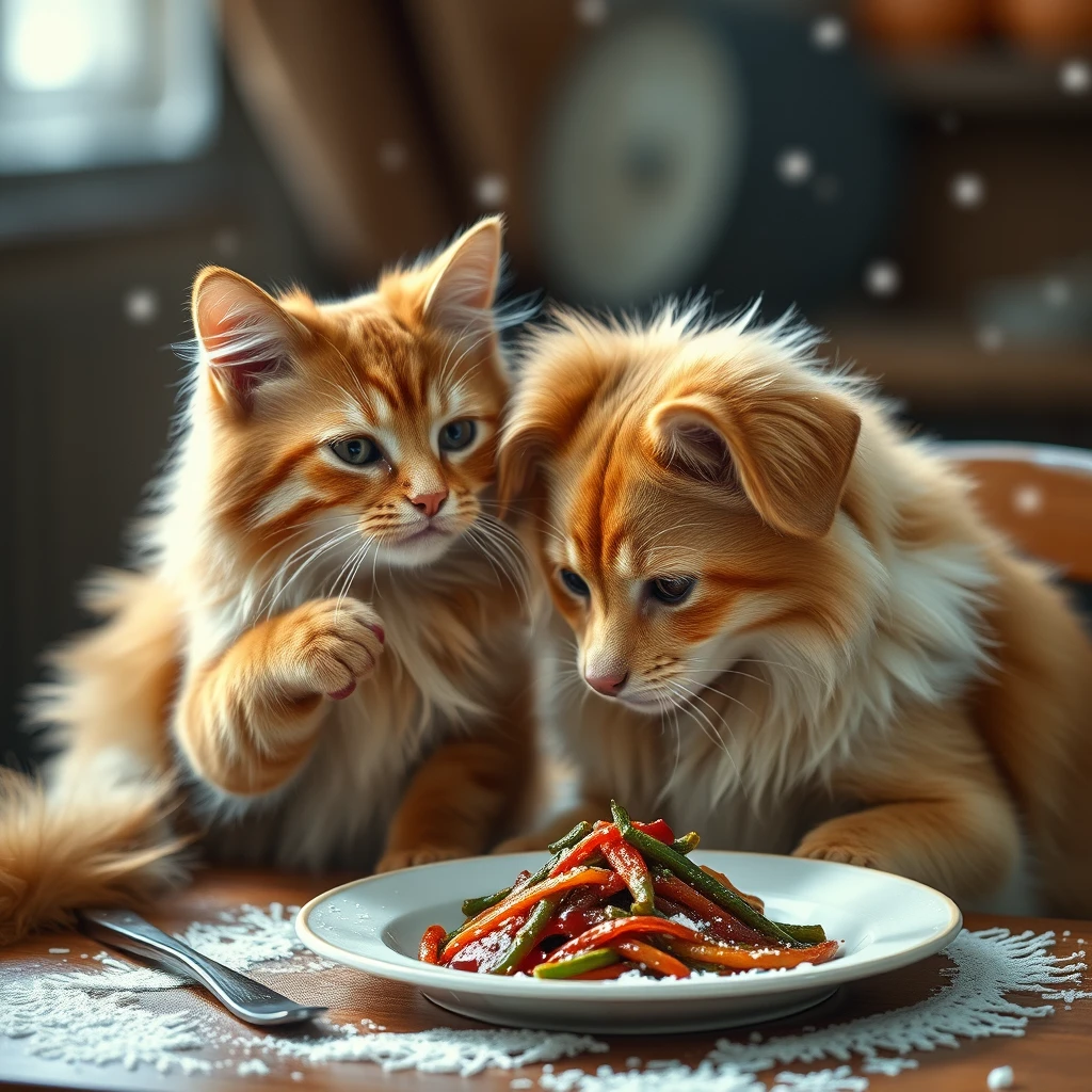 tabble，rich，small，cat and dog，eatting dinner，cold - Image