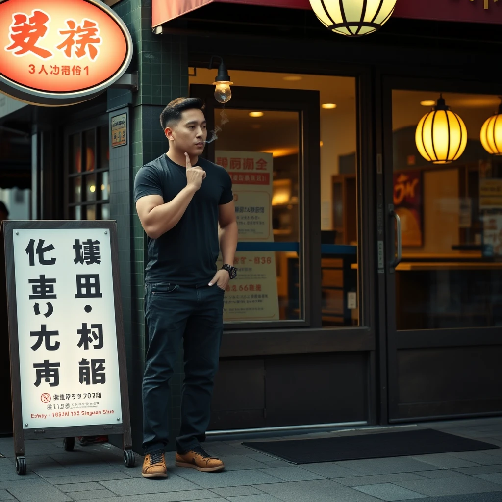 In the evening, a young strong man is smoking outside a restaurant. His shoes are visible, and there is a sign outside the restaurant where the text can be clearly seen, featuring Chinese characters or Japanese.