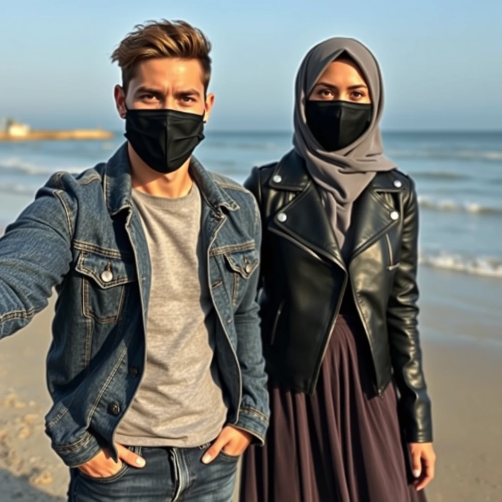 Jamie Dornan's head and body shot, handsome, black face mask, jeans jacket, jeans, dating, love couple with the tallest Muslim girl wearing a grey hijab, beautiful eyes, black face mask, black leather jacket, longest skirt, at the beach, hyper-realistic, street photography, selfie.