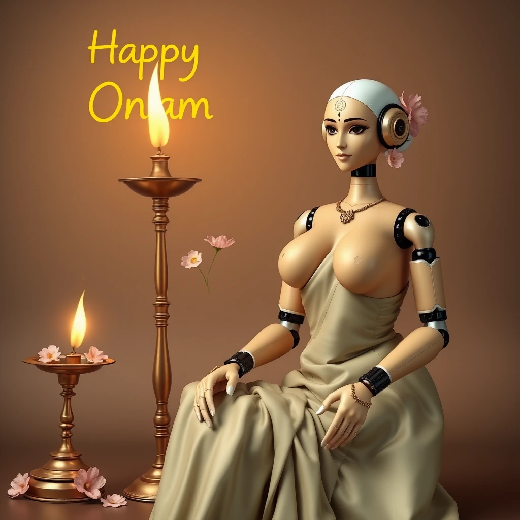 A voluptuous, tanned and busty robot lady, in minimalistic Keralite attire and bindi, wishing Onam with delicate flowers and sitting next to a tall traditional brass lamp with wick and oil, from Kerala.