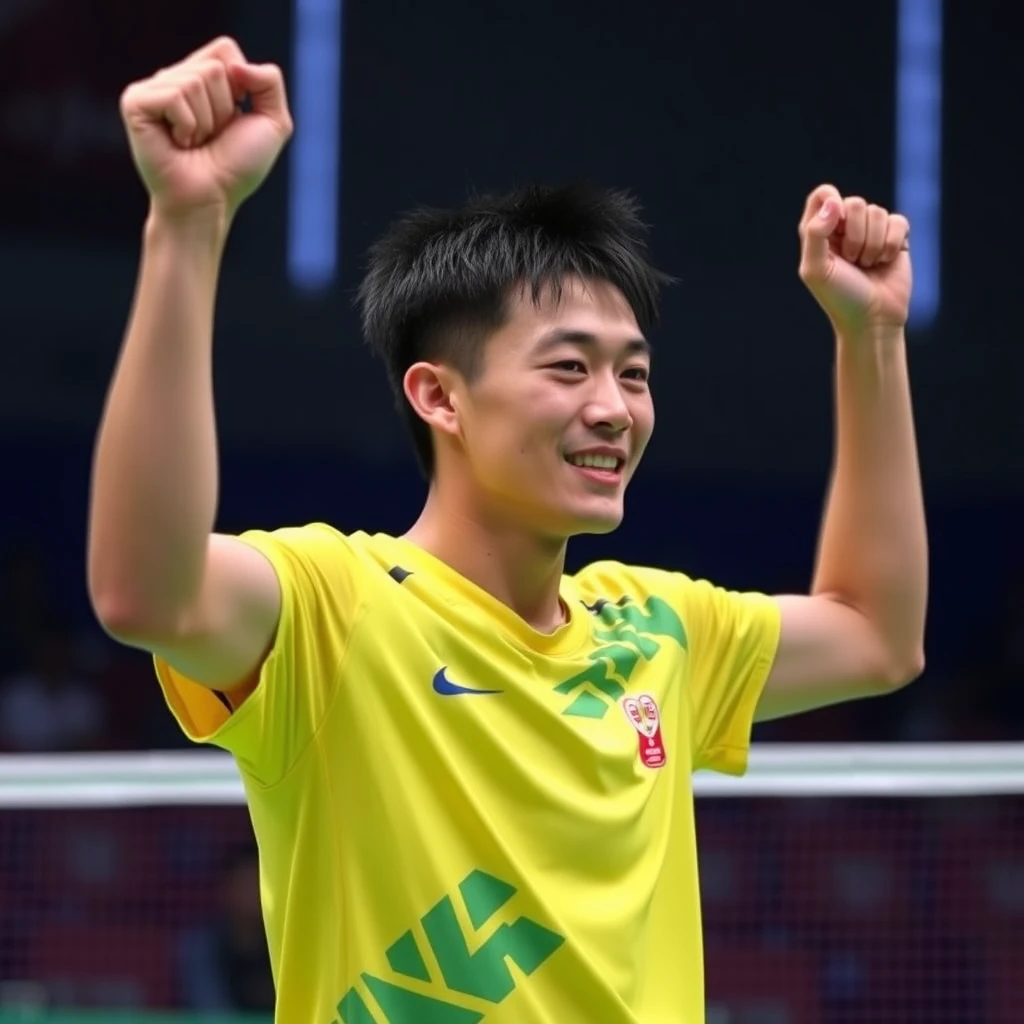 "A Taiwanese male badminton doubles Olympian, at the moment of winning on the court, his jersey is yellow." - Image