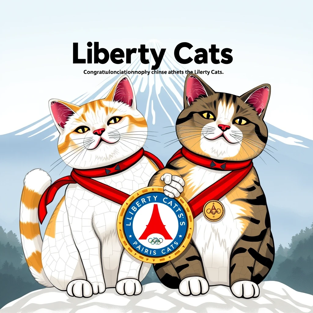 draw a pic with "Liberty Cats Congratulations chinese athletes " big text on the Mount Fuji backgroud,AND tow mosaic style cats  in front it together , carring a Paris Olympic gold medal  logo with text "Liberty Cats"
