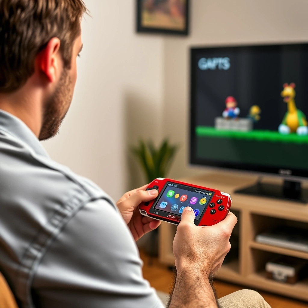 A man is playing Mario on a red PSP connected to a TV.