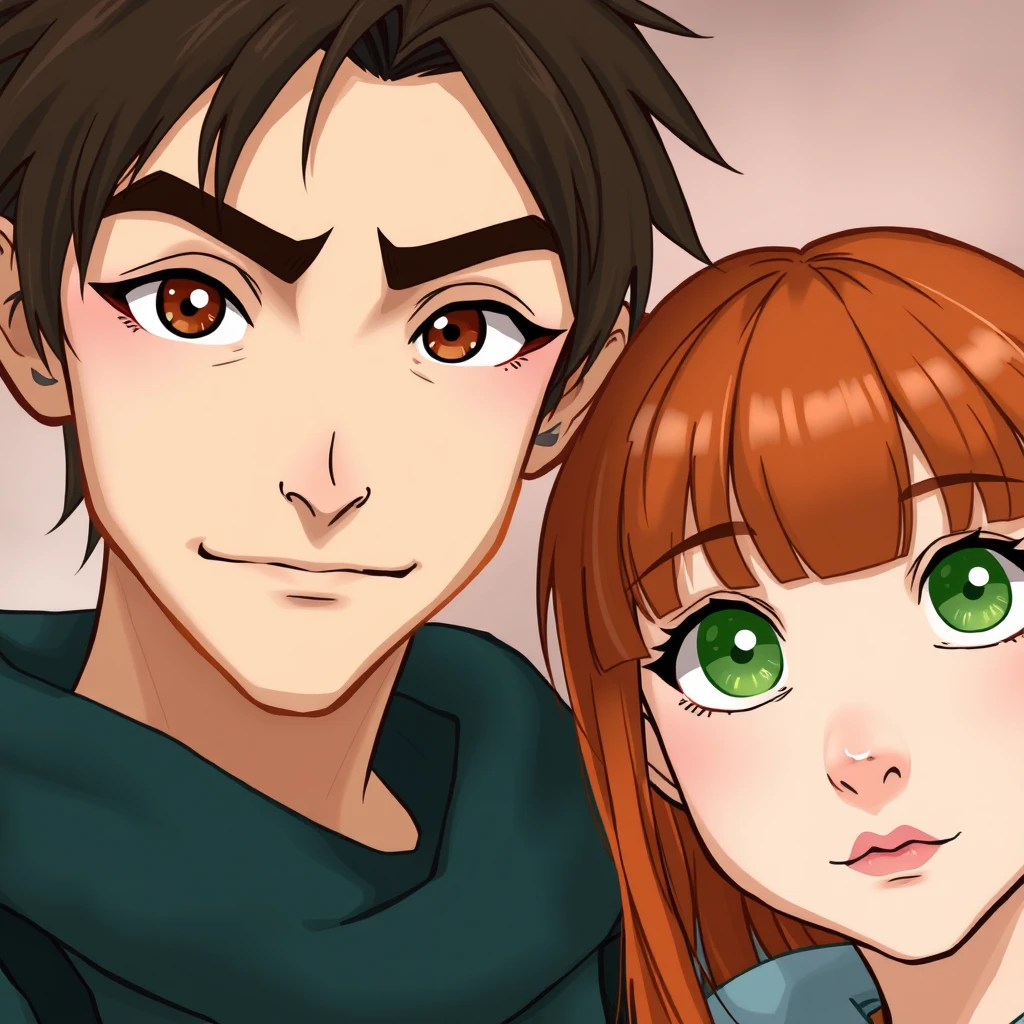 Young guy with long dark brown hair parted in the middle, sharp facial features, a smirk, pale skin, light brown eyes, thick eyebrows, and long eyelashes, next to a cute white ginger girl with a small nose, pink lips, green eyes, and long bangs.