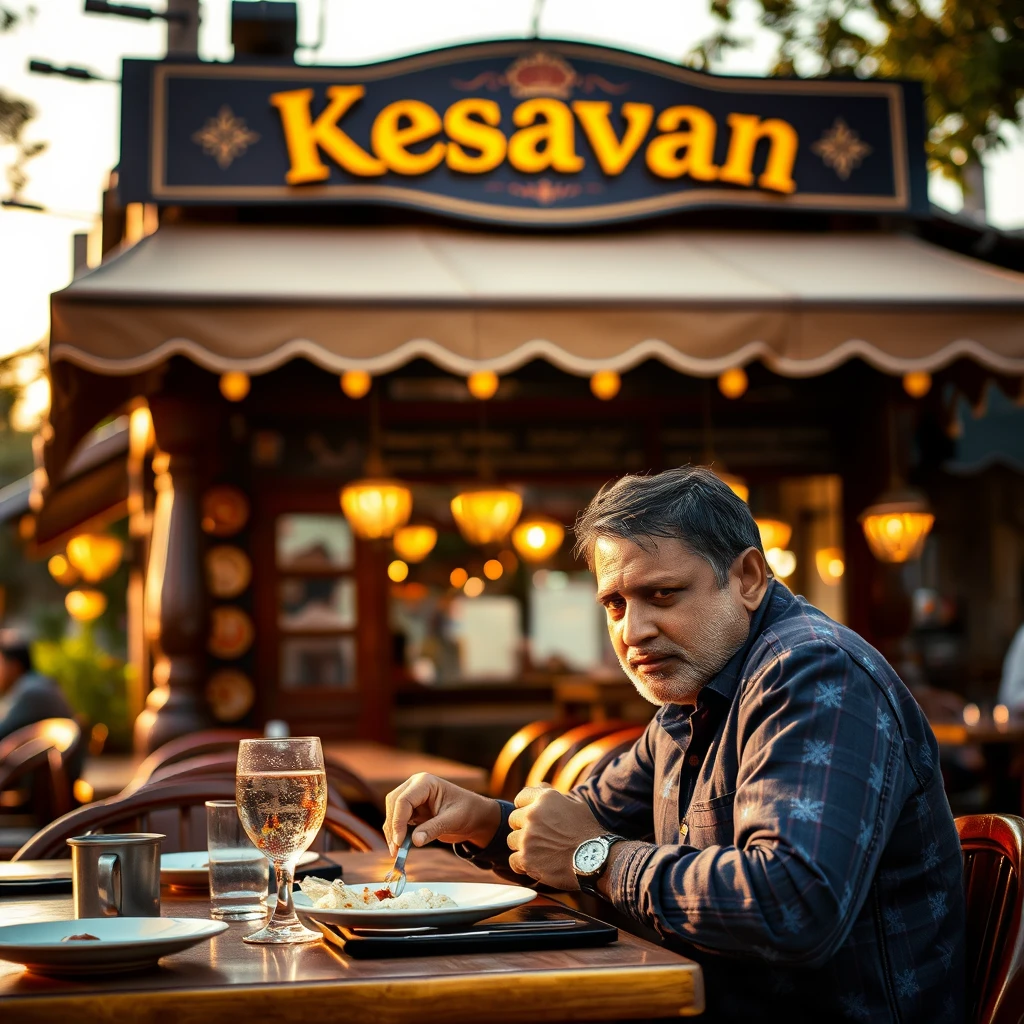 An Indian man eating at a traditional aesthetic Indian restaurant with signage that reads "Kesavan," bokeh, golden hour, outdoor. - Image