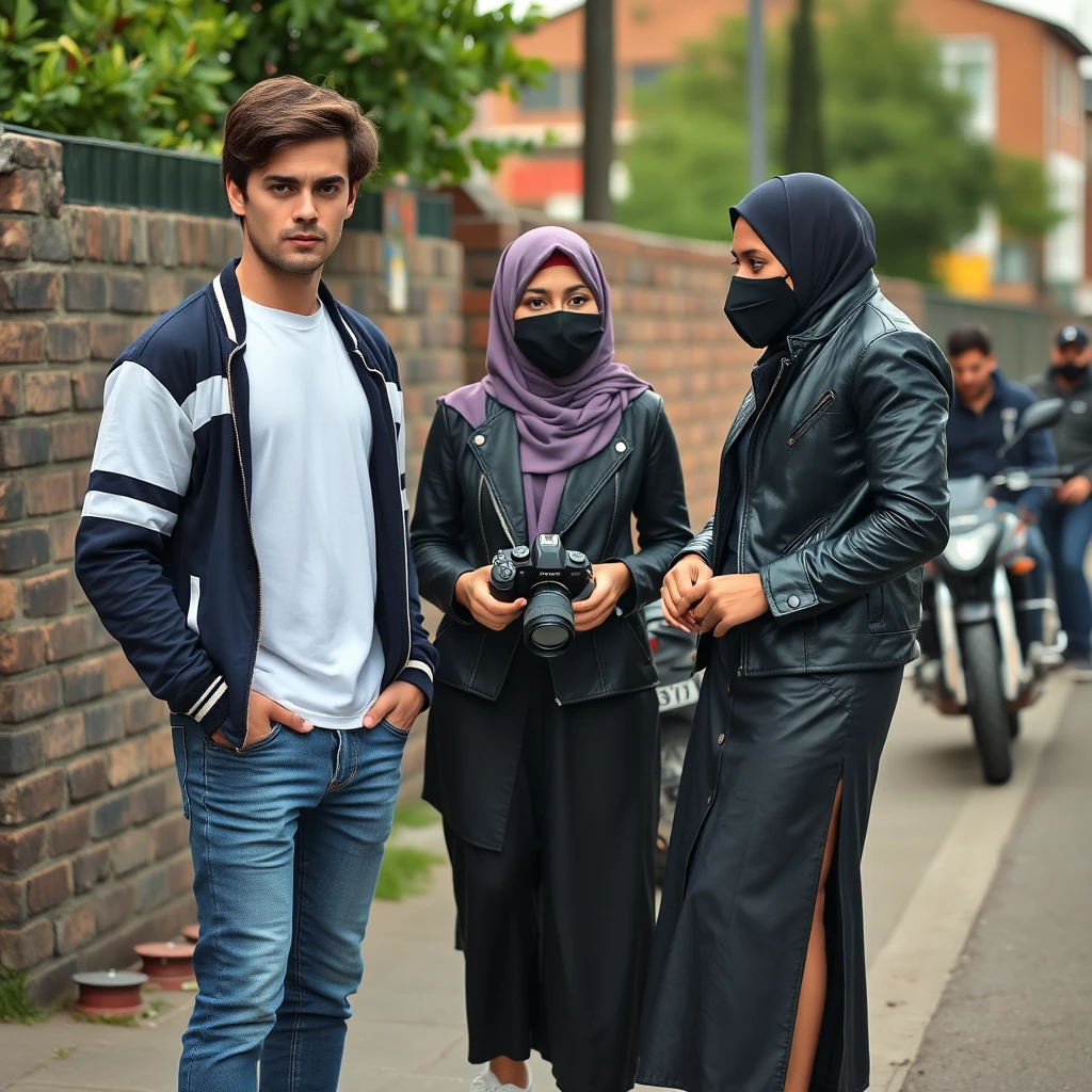 Jamie Dornan and Freddie Prinze, head and body shot, handsome, young, serious face, dark brown hair, white T-shirt, college jacket, skinny jeans, sneakers, standing, discussing with two guys and a Muslim girl with a short purple hijab, beautiful eyes, black face mask, black leather jacket, longest black leather skirt, holding a DSLR Canon camera, near a town road, superbike, hyper-realistic, street photography, brick wall, full body photo, three other random friends in the back. - Image