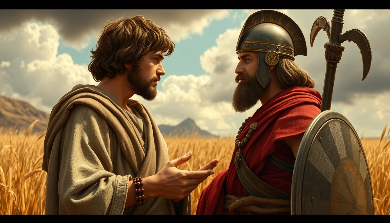 Young shepherd David arguing with King Saul to fight Goliath. - Image