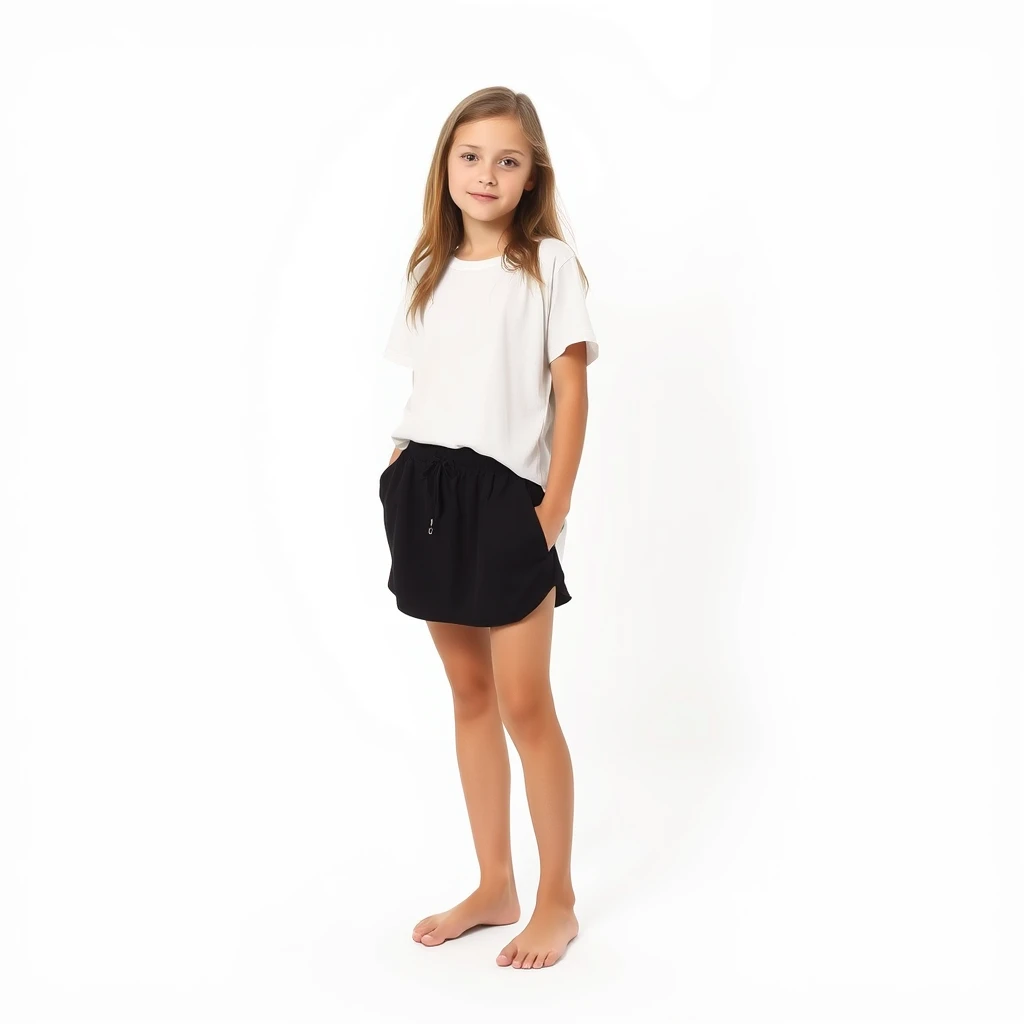 Create a photo: A 16-year-old teenage girl is wearing a loose black mini skirt and a white T-shirt and is barefoot. She is fully visible and looking at the viewer. The background is white.