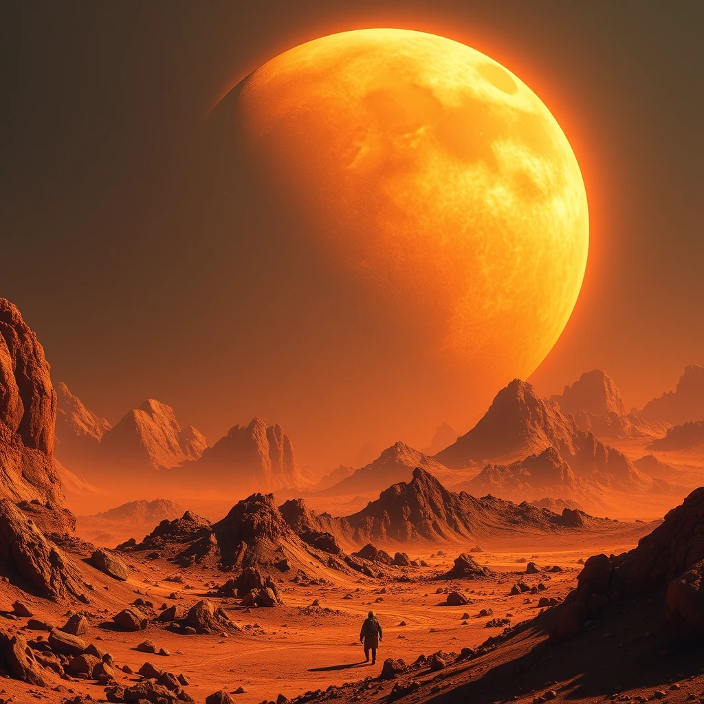 Extremely hot alien planet, large moon in the background - Image