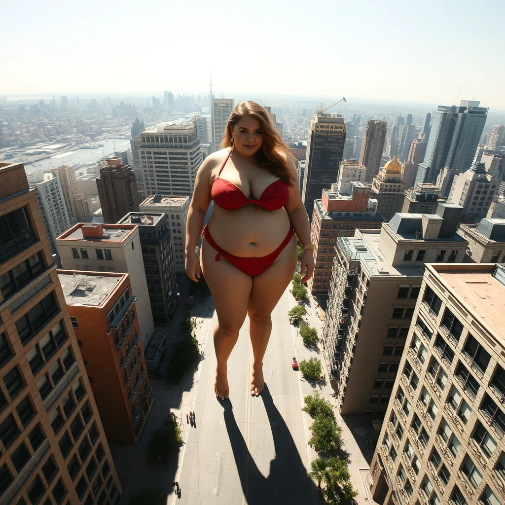 Aerial view of city, giant stunning chubby woman in bikini standing barefoot between buildings, realistic shadow.