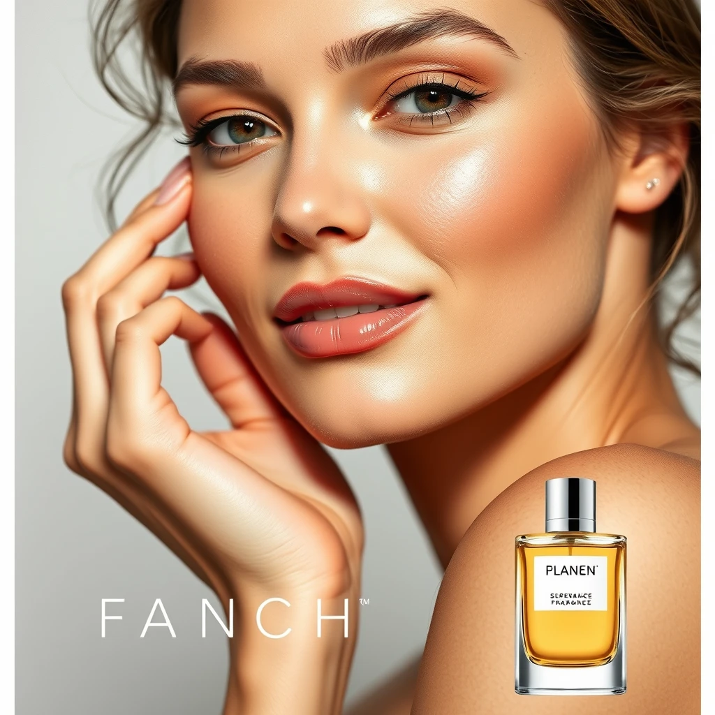 "Actual photo, a woman with smooth and radiant skin, poster for a fragrance advertisement."