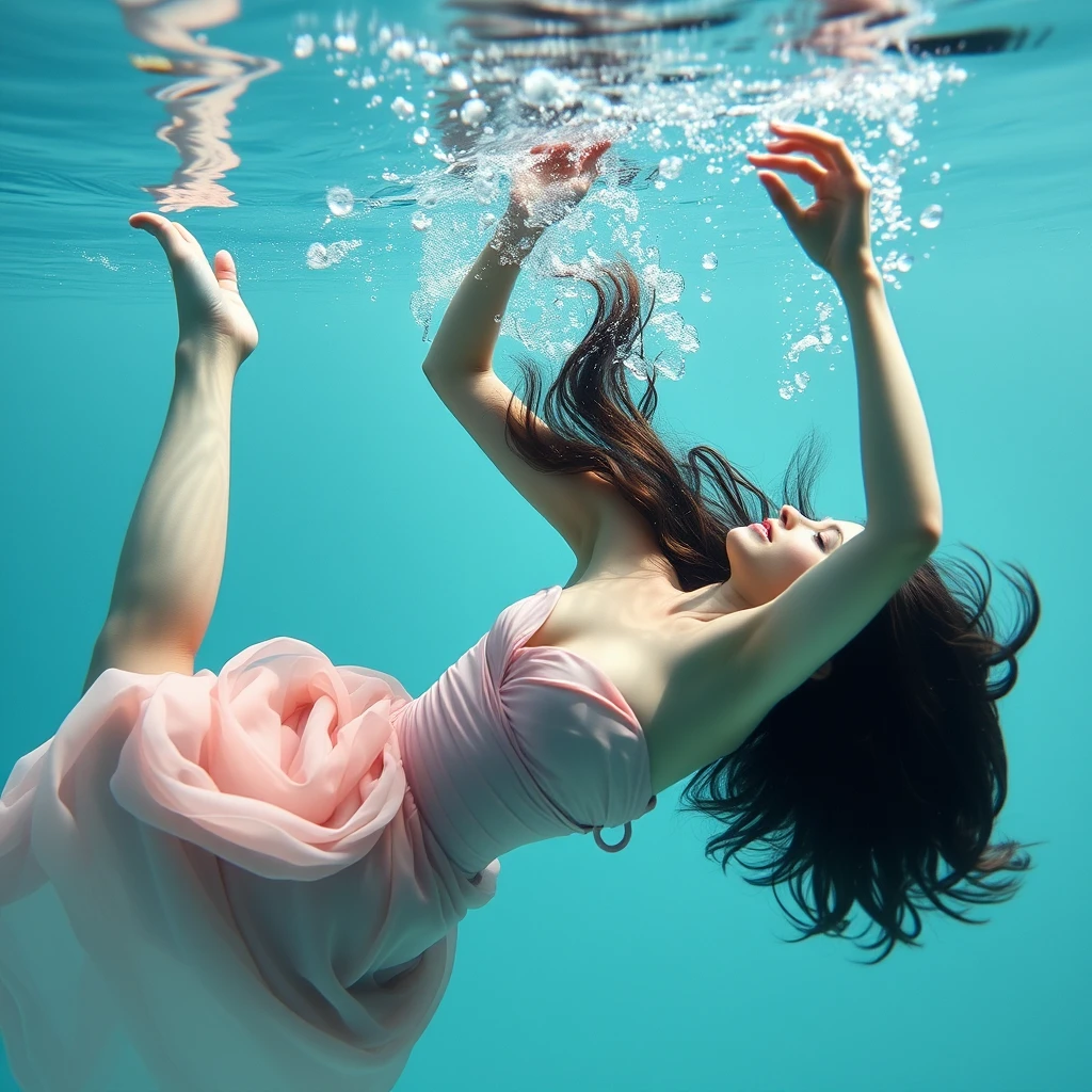 A symbolic photo: A young woman dancing underwater. Life and sensitivity. Perfection. Beauty. Attraction. Supple. Form. Curves.