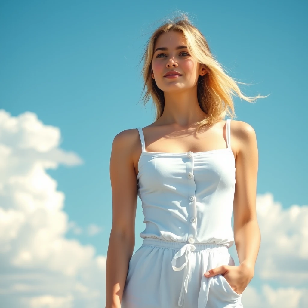 A serene, blissful scene of a young woman in a form-fitting white romper. The scene feels real and unpolished, informal. The subject has natural beauty, authentic imperfections; counter to the plastic surgery so often seen. A few strands of light blonde frame the sides of her eyes. The fluffy clouds decorate the clear blue sky. The breeze teases. She blushes with the sensitivity of life against her delicate pale skin.