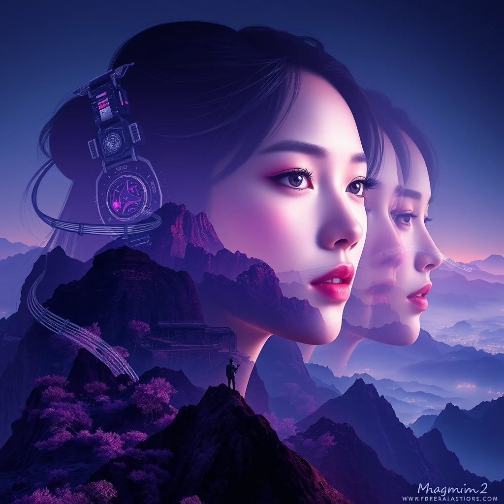 Multiple exposure, Alphonse Mucha's art, Taiwanese beauty, violet, character design, rendering, biomechanics, science fiction, volumetric lighting, beautiful landscapes, detailed faces, dramatic colors. - Image