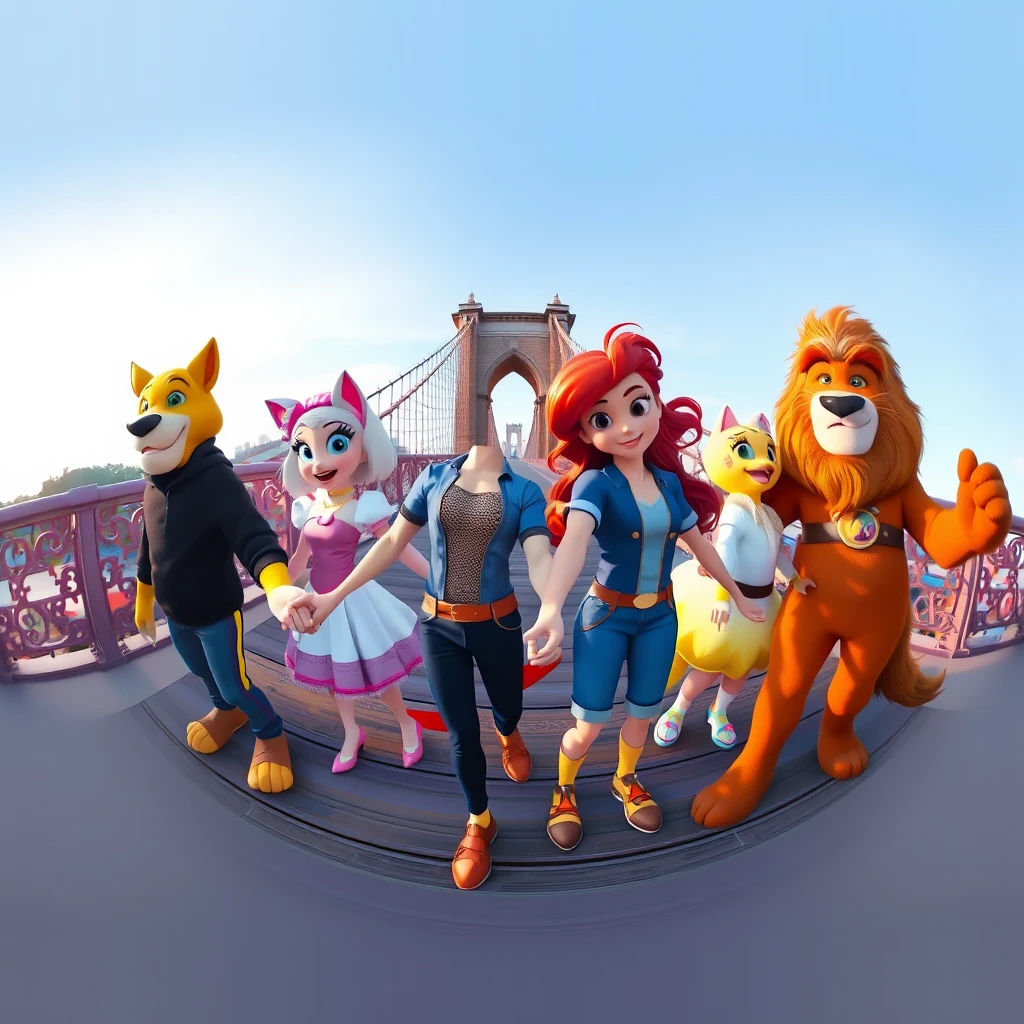 A sweeping 360-degree shot captures Leo, Bella, Daisy, Squeaky, and Sly holding hands around the bridge, symbolizing their unity and collective strength. - Image