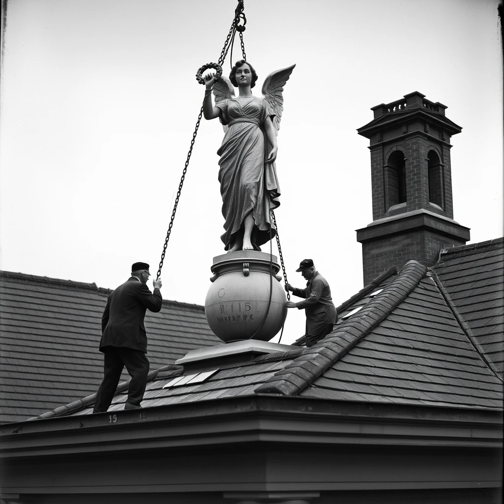 A highly detailed photograph depicting some men removing an 8-foot tall statue of 'Victory' playing an angel horn, holding a wreath with her left hand, standing on a small globe, from the roof of The 'Theatre Royal' in Chatham, 1940. It's a dark and dismal day. - Image