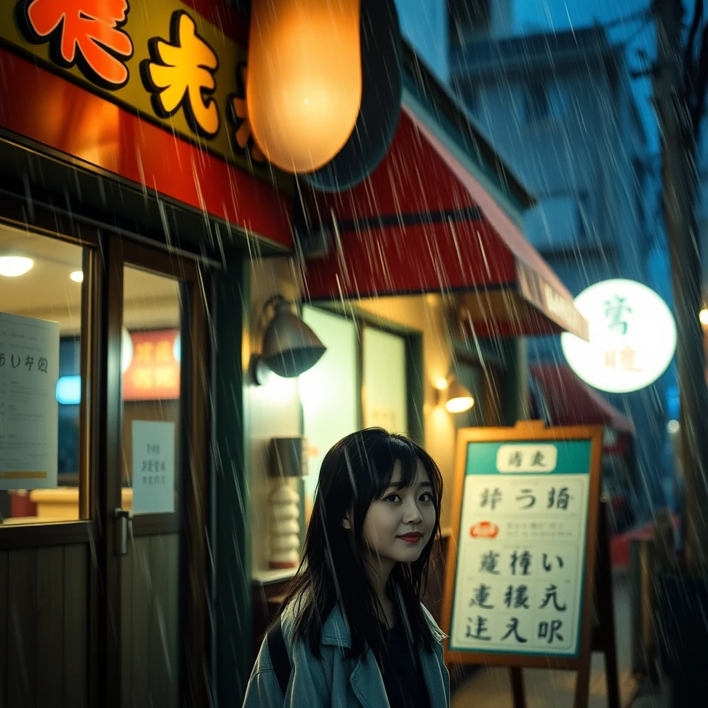 In the evening, a young woman is outside a restaurant; it is raining, and she is getting wet. There is a signboard outside the restaurant with clear characters, possibly in Chinese or Japanese.