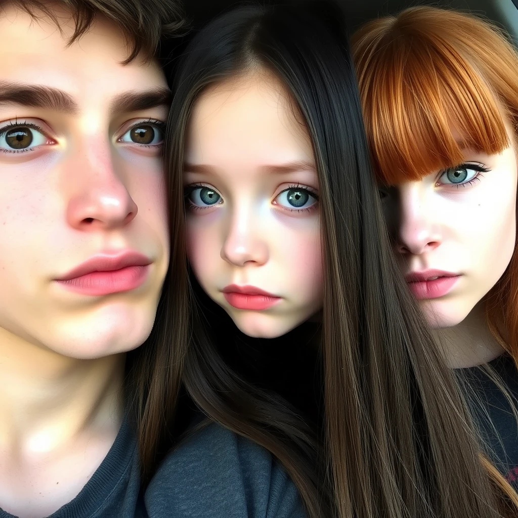 young guy, long dark brown hair parted in the middle, sharp facial features, pale skin, light brown eyes, thick eyebrows, long eyelashes next to a cute white ginger girl, small turned-up nose, pink lips, green eyes, long bangs.