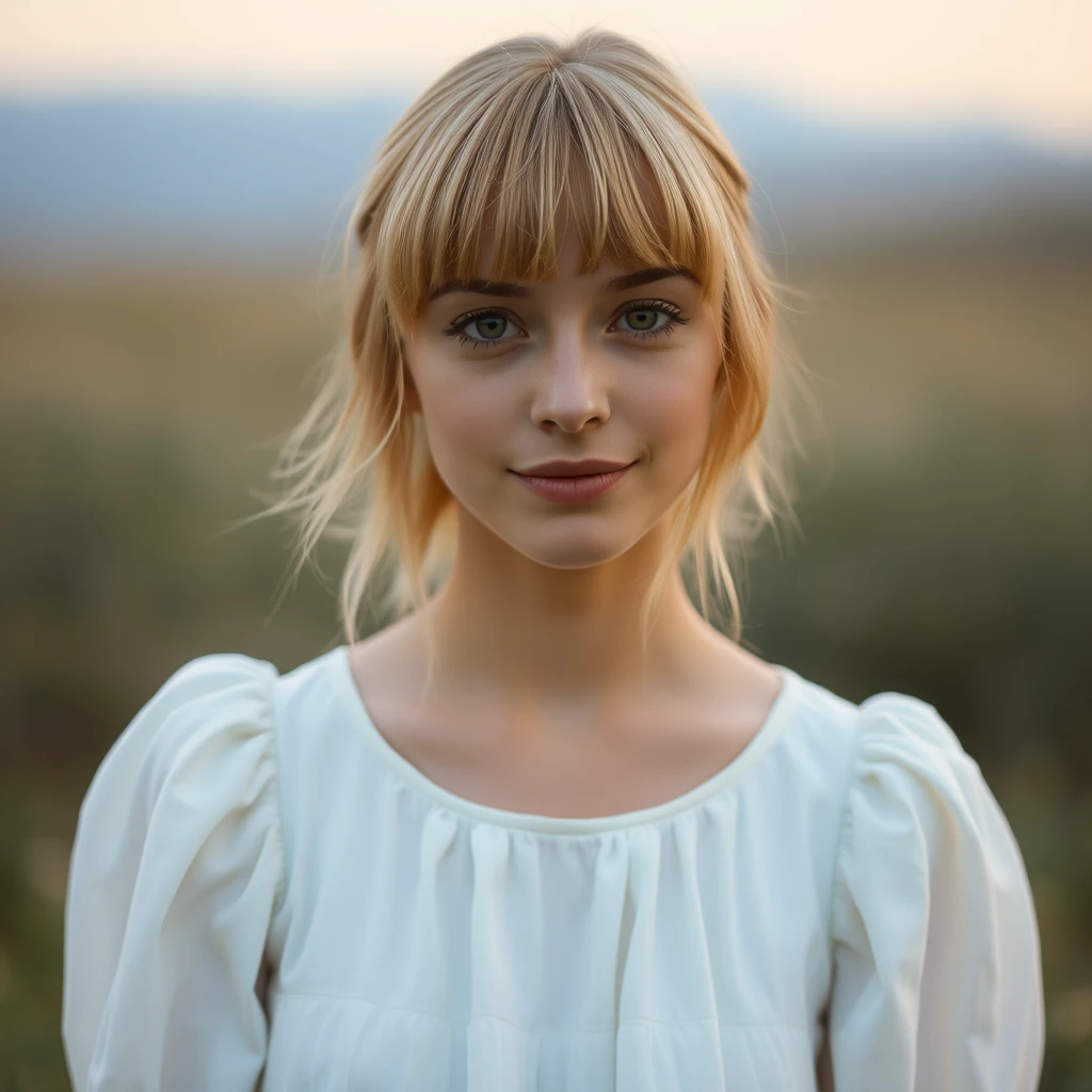 A serene, blissful scene of a young woman in a white dress. The scene feels authentic and unpolished. Her blonde bangs frame the sides of her face. - Image