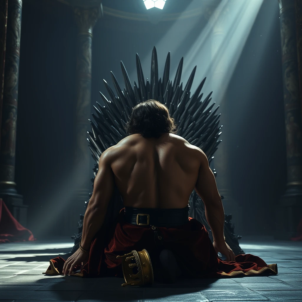 Main Character: A handsome and muscular king with a chiseled jawline and flowing dark hair. He is wearing ornate royal robes of velvet and gold, and his crown has fallen to the floor beside him. His powerful physique is evident even in his posture of defeat as he is on his hands and knees, his back to the viewer, his body trembling with what appears to be either fear or grief.

Background: The throne room is vast and dimly lit, with towering stone walls adorned with ancient tapestries depicting scenes of past glories and battles. The Iron Throne itself is in the center of the room, bathed in a single shaft of light that streams down from a high window, highlighting its sharp, unforgiving edges. Dust motes dance in the light beam, adding to the somber and oppressive atmosphere.

Visual Style: Photorealistic, professional movie-grade still photography. The image should capture the raw emotion and drama of the scene, using dramatic lighting and shadow play to create a sense of weight and despair. The focus should be on the king's vulnerability and the imposing presence of the Iron Throne, symbolizing the crushing weight of power and responsibility. - Image