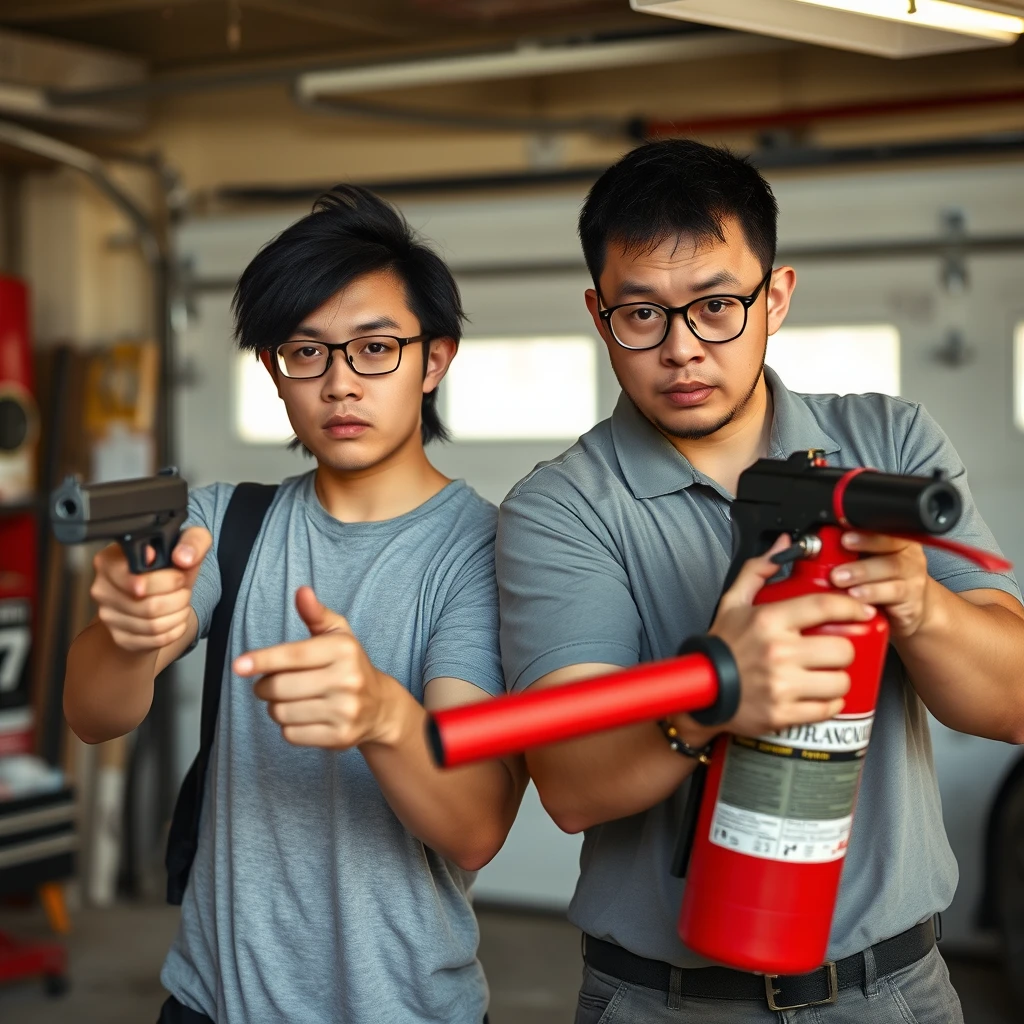 Two-person setting: "A 21-year-old northern Chinese man with a thin, long face, wearing square glasses and mid/long black mullet hair, holding a pistol," and "a 21-year-old white Italian man wearing round glasses, with short hair, holding a very large fire extinguisher flamethrower," in a garage setting, both appearing angry.