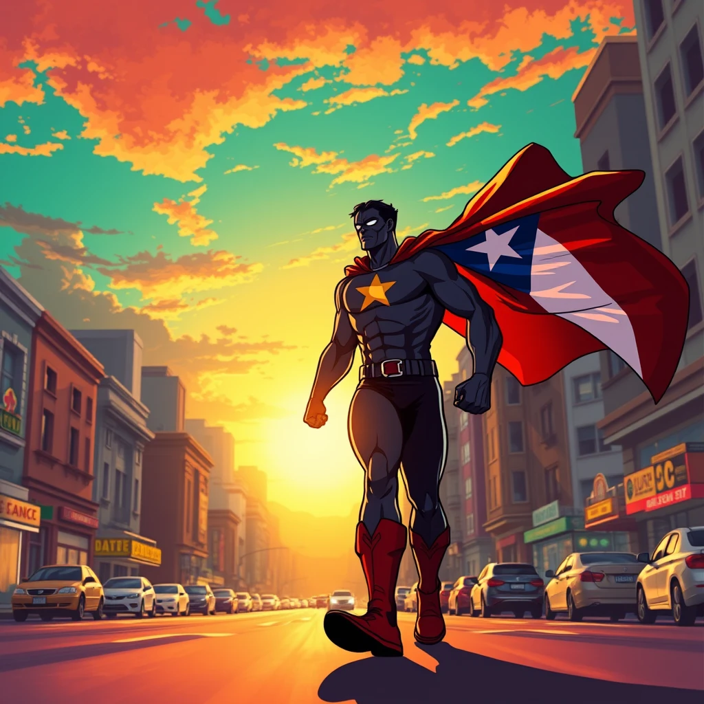 As the sun sets over the vibrant streets of Puerto Rico, your superhero strides confidently through the bustling city, the flag of Puerto Rico billowing behind them like a majestic cape. With their emblematic machete logo gleaming proudly on their chest, they pause, sensing trouble stirring in the heart of San Juan. Ready to defend their homeland, they embark on their next mission to protect the island and its people from any threat that dares to challenge its beauty and resilience, vibrant, art by Todd Mcfarlane.