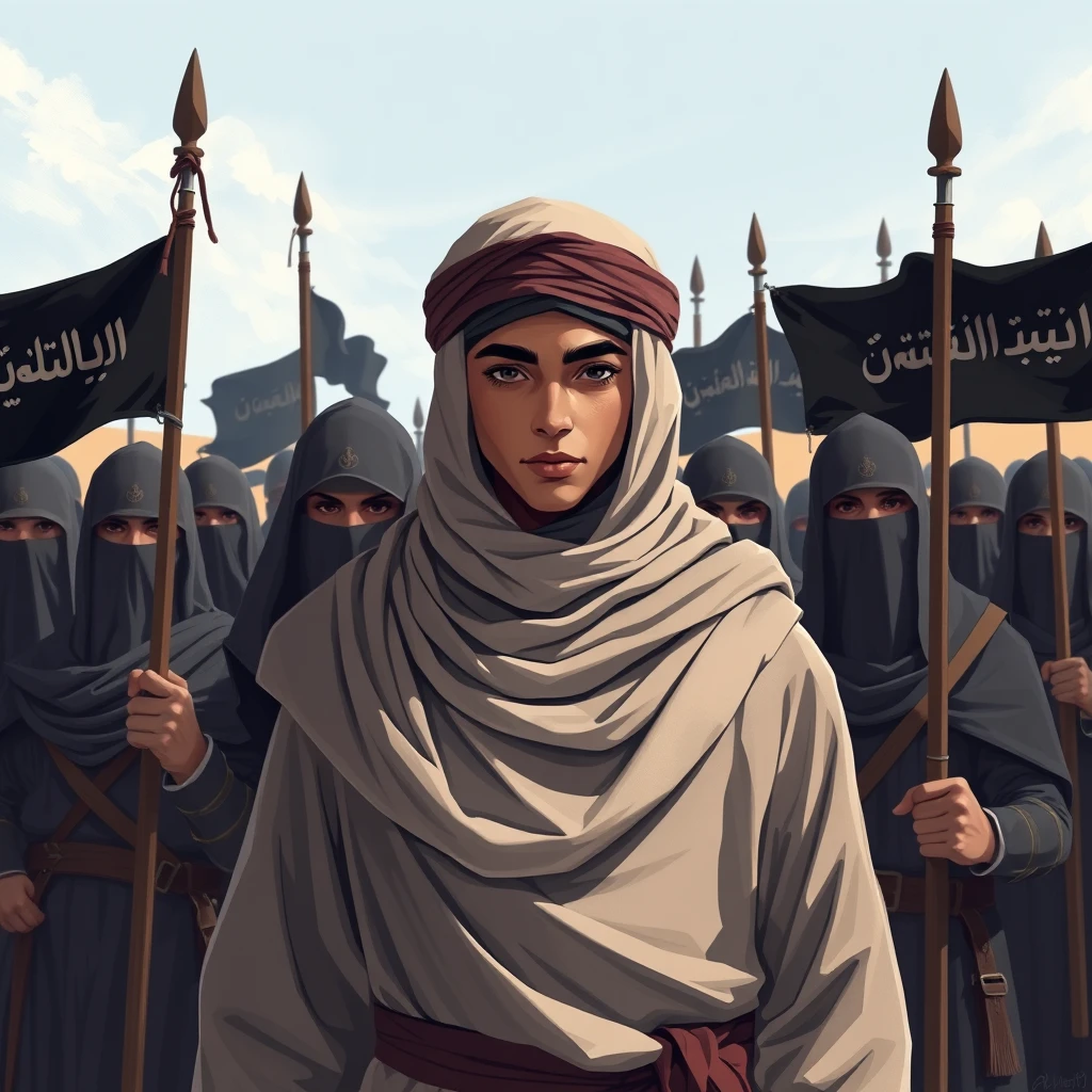 Full-view minimal illustration of a young Muslim commander wearing a modest cloak-turban with scarf hood clothes standing behind the great Muslim warriors with a leader expression. The medieval Muslim warriors are covered in veils and holding black shahada banners while guarding him in open land, alpha, acrylic paint shader, dynamic illustration. - Image