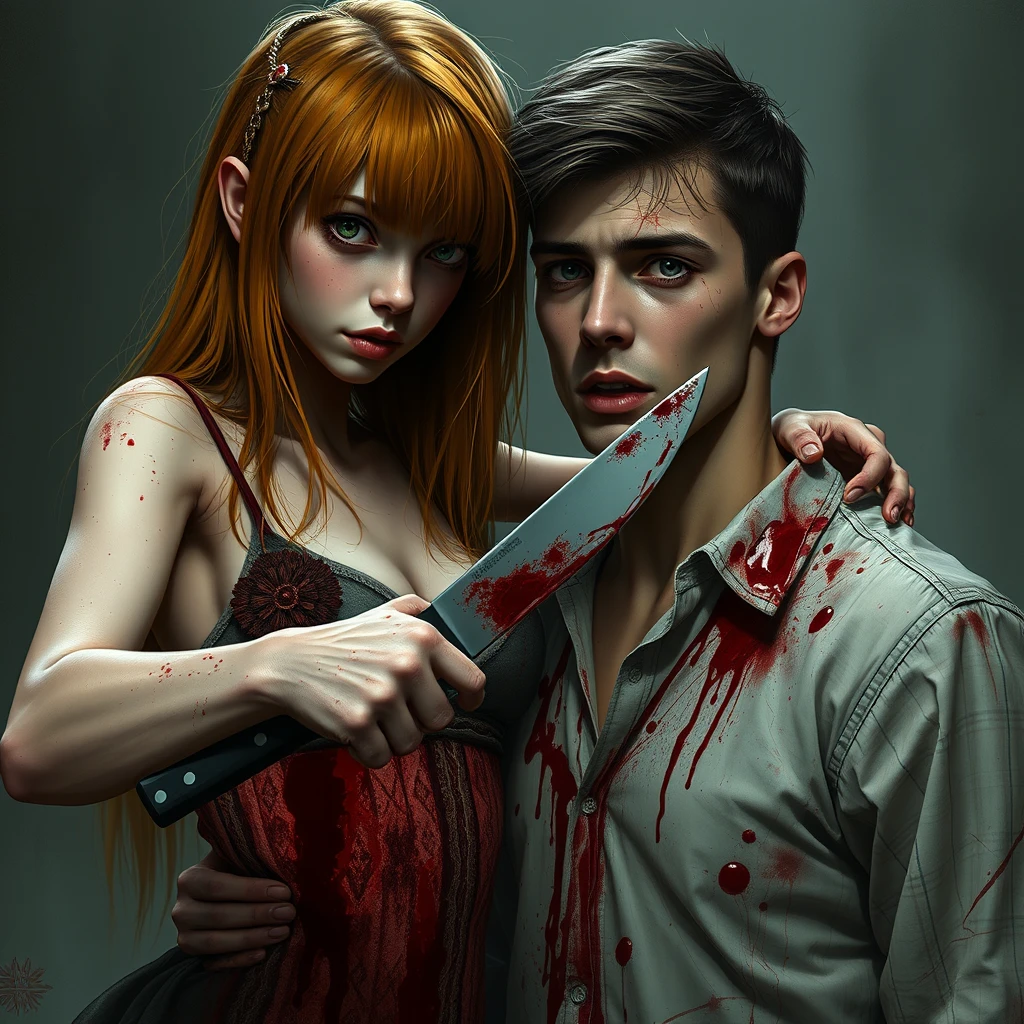 A horror scene; a short, skinny teenage girl with long ginger hair and bangs, green eyes, and large breasts is cutting a tall young white brunette guy with dark eyes with a knife. Both of them are covered in blood.