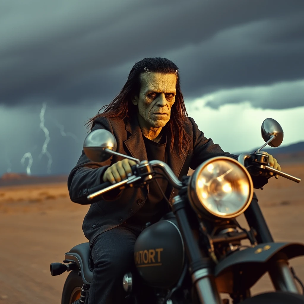 Boris Karloff as Frankenstein with long hair, riding his chopper, a storm is coming across the desert, photo-realistic, 4k. - Image