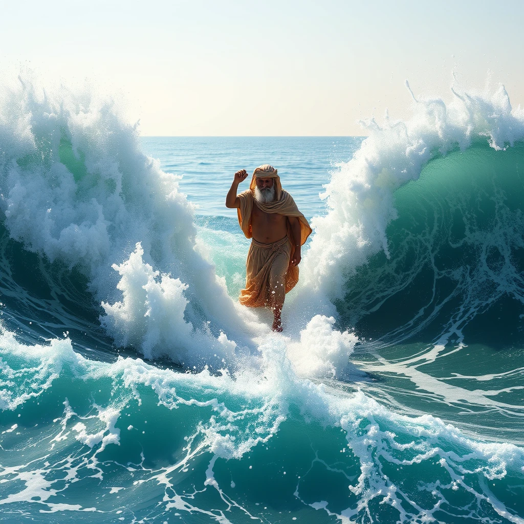 An ancient Arabian man split the sea into two parts so that the waves were very high to the left and right.