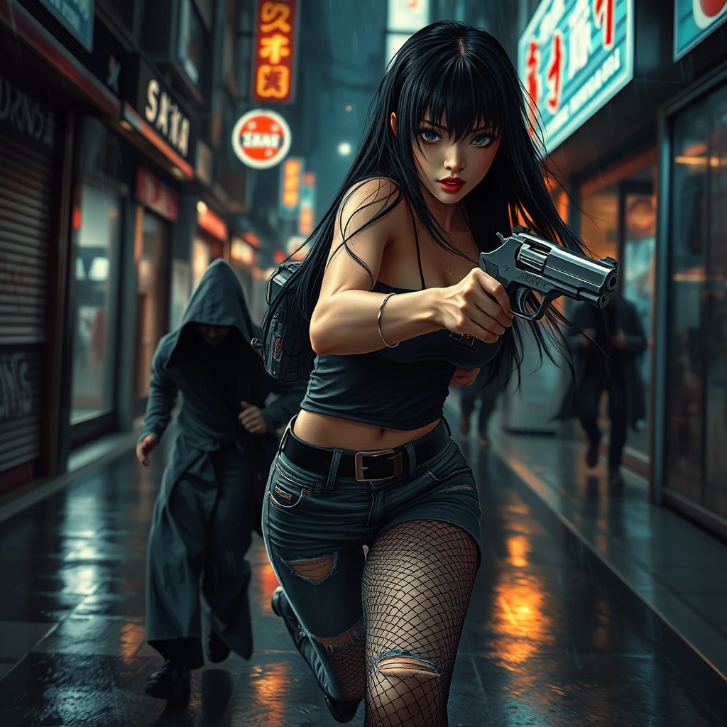 sexy alluring cyberpunk Japanese female with long straight black hair, sprinting desperately down a dark dystopian urban alleyway being chased by cyberpunk assassins in hooded cloaks, holding a revolver pistol in her right hand, ripped jeans, ripped fishnet leggings, she is turned slightly towards the chasers, bokeh, depth of field, raining, wet surfaces, wet hair, cybernetic implants, grunge graffiti art style, Japanese shop signs, neon lights with realistic lighting, dark and gloomy, manhwa art style, realistic lighting, realistic reflections, high quality, 8k, concept art, close up camera shot, realistic hands, realistic pistol - Image