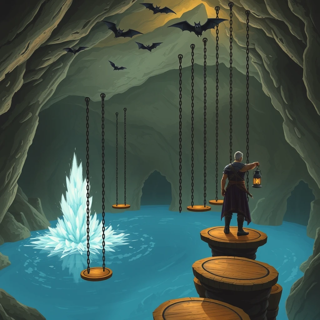 A large cavern, standing on one of the platforms is a male warrior who is holding a lantern. There is blue water filling the bottom of the cavern and a geyser is erupting. Hanging from the ceiling in a row are 10 chains going past the geyser. There are round wooden platforms at the end of the chains that are suspended above the water. Bats are flying around.