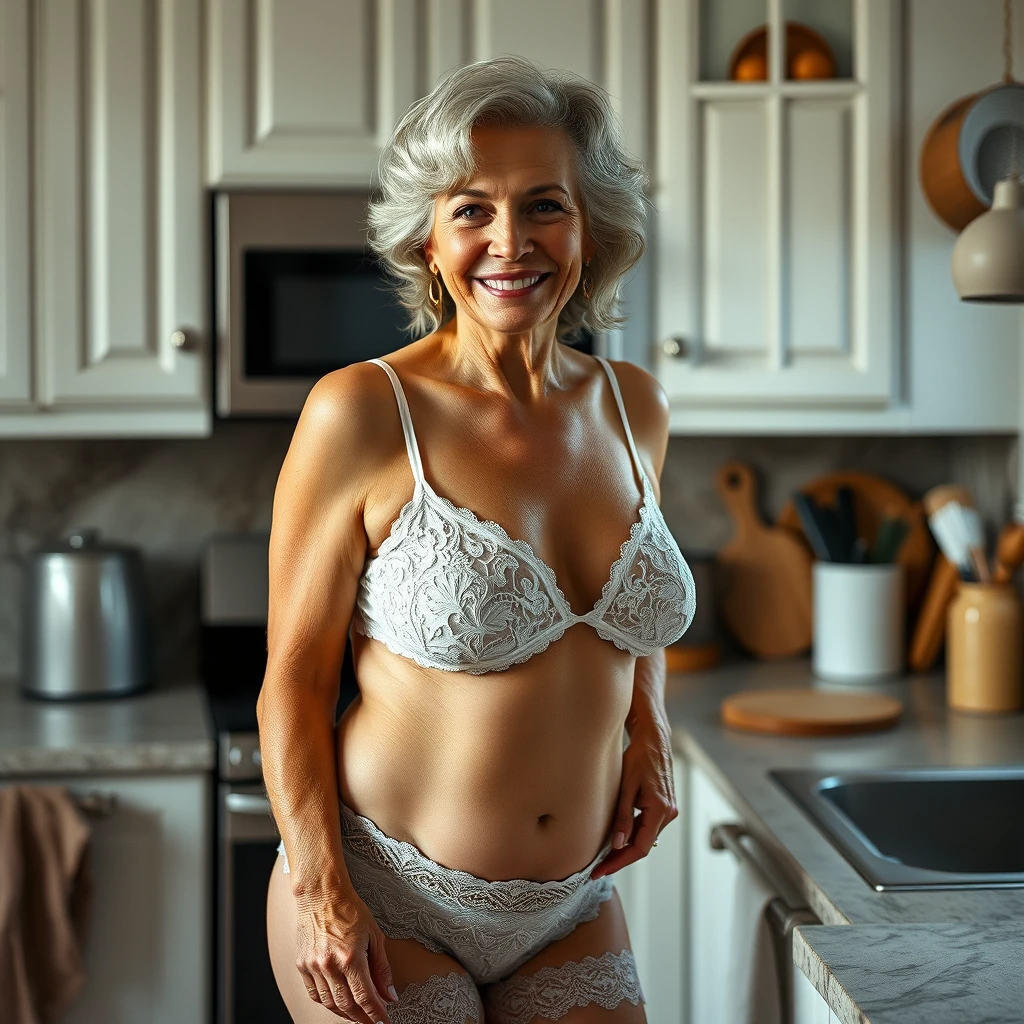 Larger older woman in lace bikini in kitchen